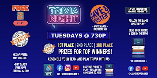 Imagem principal do evento Trivia Night | Dave & Buster's - White Marsh Baltimore MD - TUE 730p