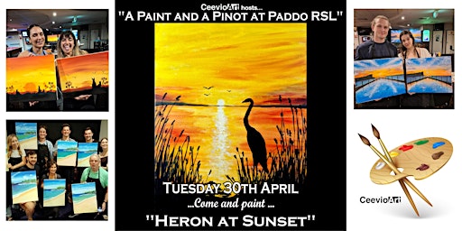 Imagem principal de A Paint and a Pinot at Paddo RSL. "Heron at Sunset"