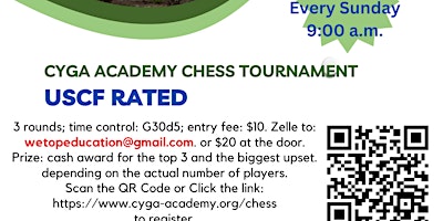 Primaire afbeelding van CYGA ACADEMY SUNDAY CHESS TOURNAMENT USCF RATED