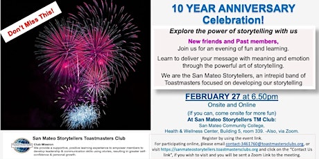 Imagen principal de 10 YEAR ANNIVERSARY Celebration! San Mateo Storytellers Toastmasters Meeting
