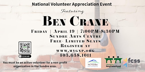 Imagem principal do evento 2024 Sundre Community Volunteer Appreciation Event -Featuring Ben Crane