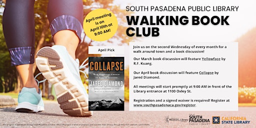 Hauptbild für South Pasadena Public Library Walking Book Club - April meeting