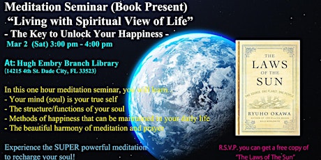 Immagine principale di Meditation Seminar "Living with Spiritual View of Life"Mar 2 (Book Present) 