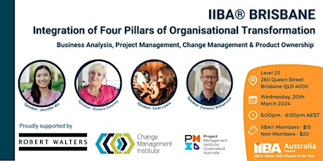 Primaire afbeelding van IIBA® BRISBANE - Integration of 4 Pillars of Organisational Transformation