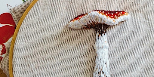 Introduction to stump work embroidery.  Three dimensional mushroom. primary image