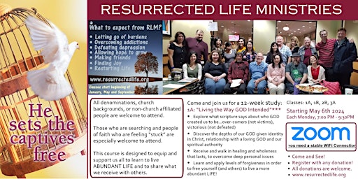 Resurrected Life Ministries Classes 1A, 1B, 2B, 3A start May 6, 2024 primary image