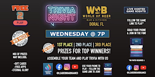 Primaire afbeelding van Trivia Night | World of Beer - Doral FL - WED 7p - @LeaderboardGames