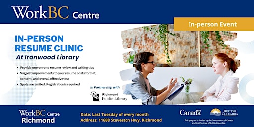 Hauptbild für In-person Resume Clinic - WorkBC Centre Richmond & Richmond Public Library