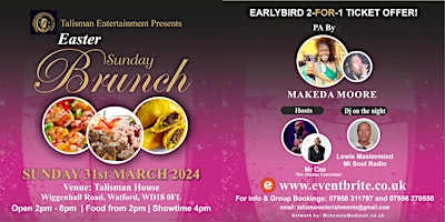 Primaire afbeelding van EASTER SUNDAY BRUNCH 31st March 2pm -8pm Tickets £6... EARLYBIRD 2 for 1
