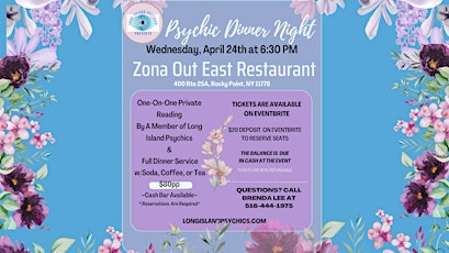 Primaire afbeelding van Psychic Dinner Night At Zona Out East Restaurant in Rocky Point, NY