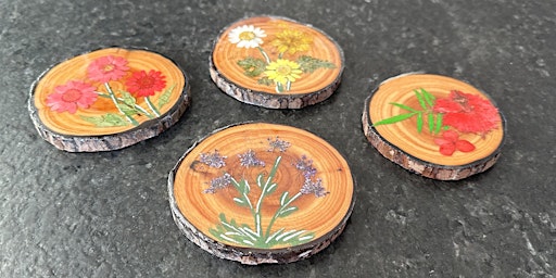 Live Edge Wood Coasters Resin &  Pressed Flowers Paint Sip Art Class primary image