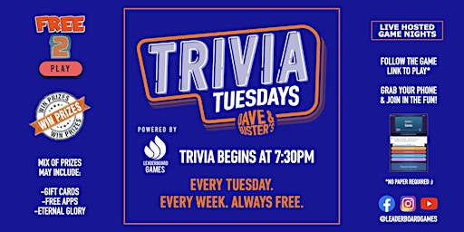 Primaire afbeelding van Trivia Night | Dave & Buster's - Miami FL - TUE 730p - @LeaderboardGames