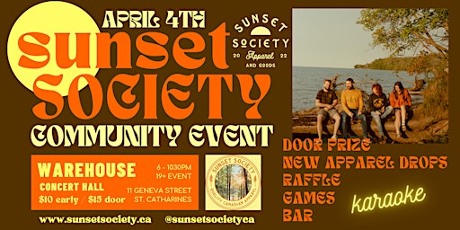 Primaire afbeelding van SUNSET SOCIETY Community Event - New Apparel, Games, Prizes, Karaoke + more