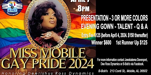 Imagem principal do evento Mobile's Miss Gay Pride FI Pageant 2024