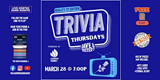 Immagine principale di Reality TV Theme Trivia | Dave & Buster's - Louisville KY - 7p THUR 03/28 