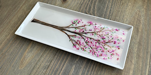 Primaire afbeelding van Crushed Glass & Resin Cherry Blossom Charcuterie Tray Paint Sip Art Class