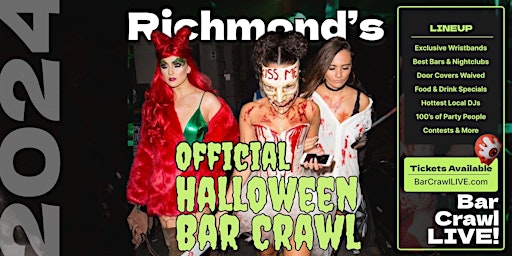 Imagem principal do evento 2024 Official Halloween Bar Crawl Richmond Bar Crawl LIVE 3 Dates