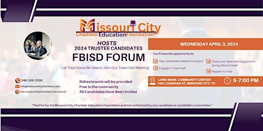 Image principale de FB ISD Trustee Candidate Forum & Town Hall  & Voter Registration