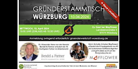 Hauptbild für Gründerstammtisch Würzburg 10. April 2024 bei Mayflower