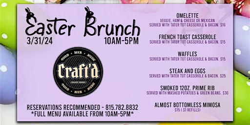 Primaire afbeelding van Craft'd Plainfield Easter Brunch - Sunday March 31st from 10 AM - 5 PM