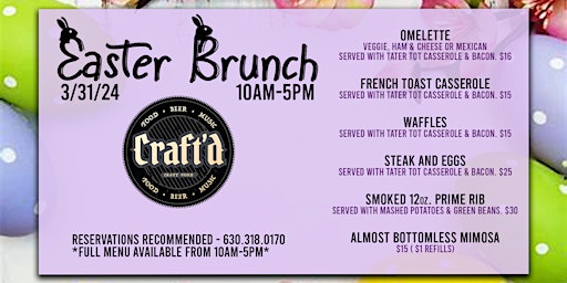 Craft'd Yorkville Easter Brunch - Sunday March 31st from 10 AM - 5 PM primary image