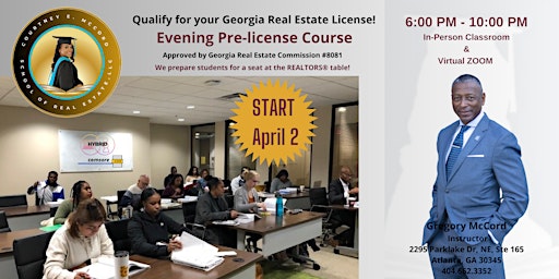 Imagem principal de REAL ESTATE EVENING PRE-LICENSE CLASS, LIVE IN PERSON & VIRTUAL ZOOM