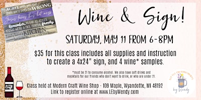 Imagem principal de Wine & Sign - Saturday, May 11 from 6-8pm