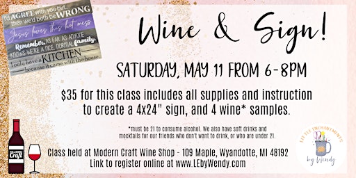 Immagine principale di Wine & Sign - Saturday, May 11 from 6-8pm 