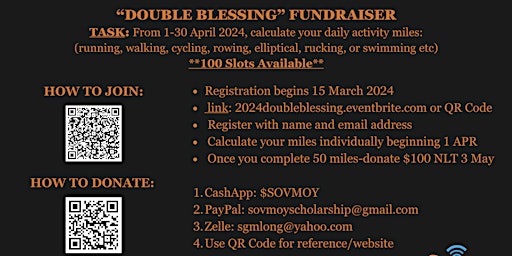 Hauptbild für 2024 "Double Blessing" Fundraiser - Complete 50 miles donate $100 in APR24