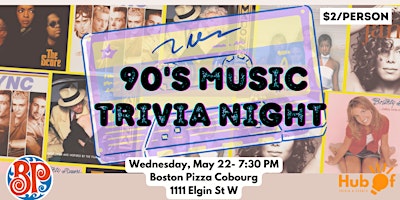 Imagem principal do evento 90's Music Trivia Night - Boston Pizza (Cobourg)