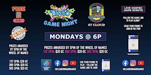 BINGO Game Night | Gator's Dockside - St Cloud FL MON 6p @LeaderboardGames primary image