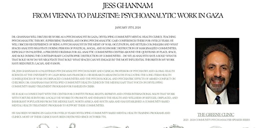 Image principale de Jess Ghannam - From Vienna to Palestine: Psychoanalytic Work in Gaza