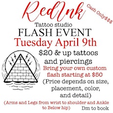 FLASH $20 TATTOO AND $20 & UP PIERCINGS TUESDAY  APRIL 9TH