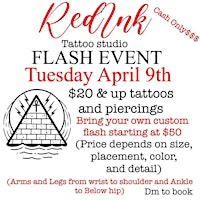 Primaire afbeelding van FLASH $20 TATTOO AND $20 & UP PIERCINGS TUESDAY  APRIL 9TH