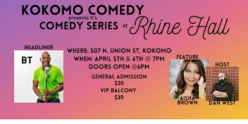 Primaire afbeelding van Kokomo Comedy presents it's Comedy Series at Rhine Hall