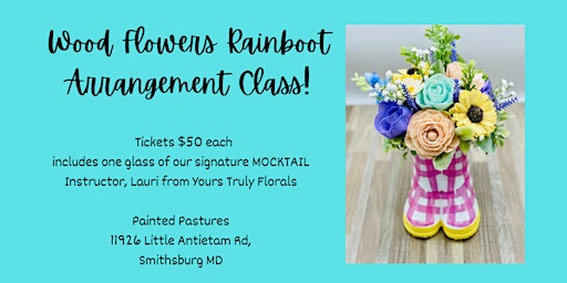 Imagen principal de Painted Pastures Wood Flowers Rainboot Arrangement Class