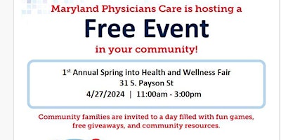 Imagem principal do evento Maryland Physicians Care Spring into Health and Wellness Fair
