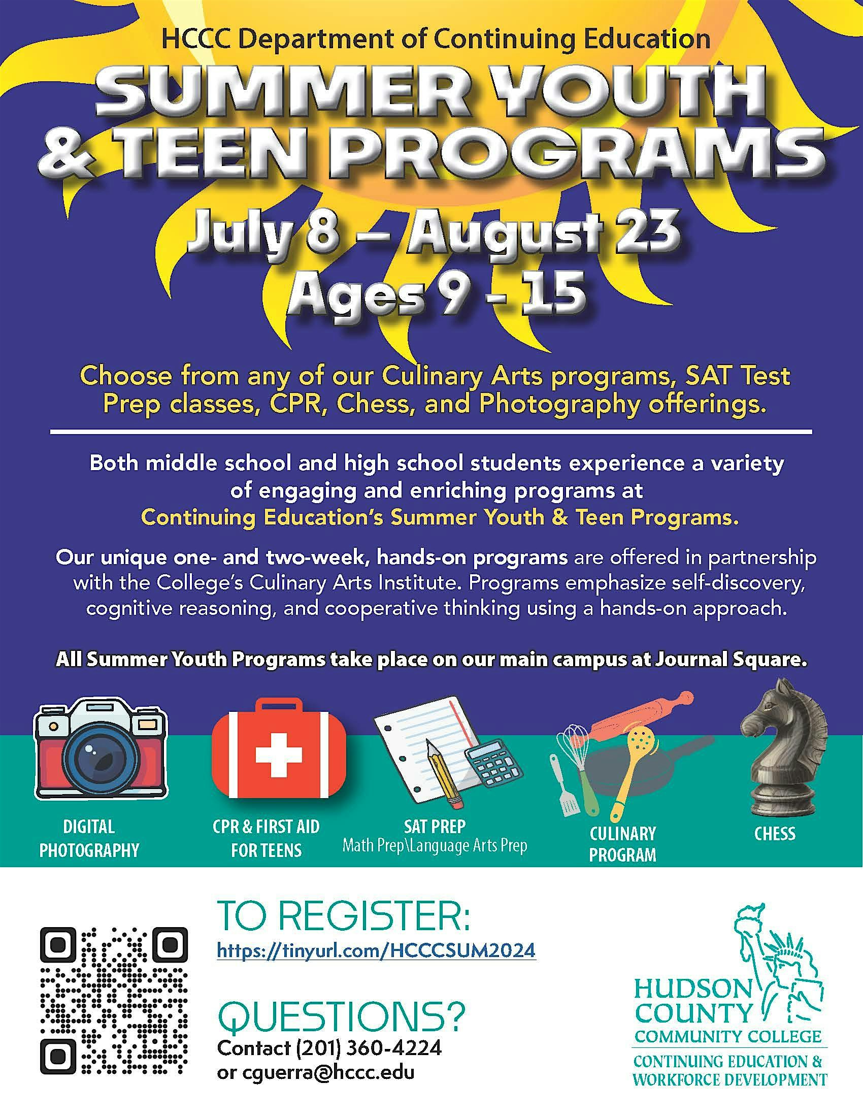 SUMMER YOUTH CAMP 2024: Digital Photo, CPR, Chess, SAT Prep & Culinary Arts