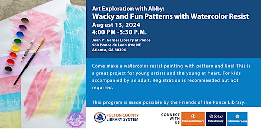 Imagem principal do evento Art Exploration with Abby: Wacky and Fun Patterns with Watercolor Resist