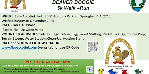 Annual Lake Accotink Park Beaver Boogie Run Walk primary image