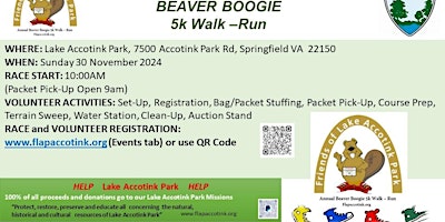 Hauptbild für Annual Lake Accotink Park Beaver Boogie Run Walk