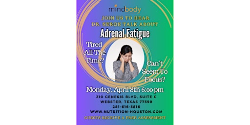 Imagem principal do evento Adrenal Fatigue Health Seminar. FREE Health Seminar.