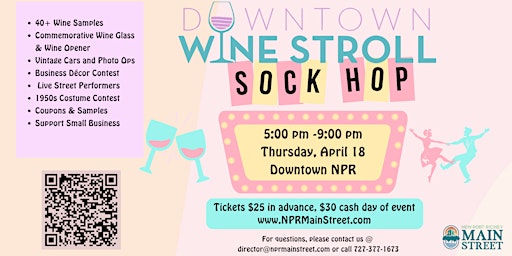 Imagem principal do evento New Port Richey Downtown Wine Stroll: Spring Sock Hop!