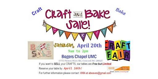 Imagem principal do evento Bogers Chapel UMC Craft and Bake Sale