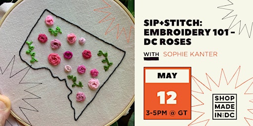 Imagem principal do evento SIP+STITCH: Embroidery 101 - DC Roses /Sophie Kanter