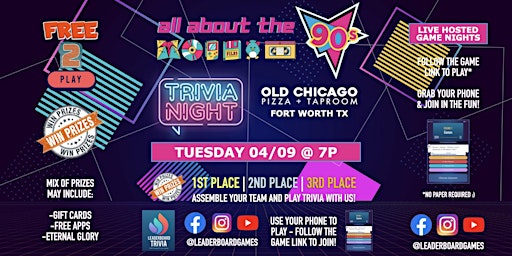 Primaire afbeelding van ALL ABOUT The '90s Theme Trivia | Old Chicago - Fort Worth TX - 04/09 at 7p