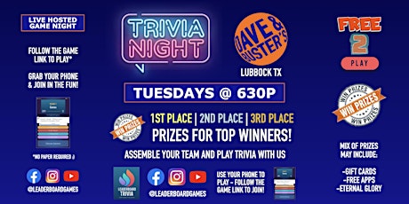 Trivia Night | Dave & Buster's - Lubbock TX - TUE 630p - @LeaderboardGames