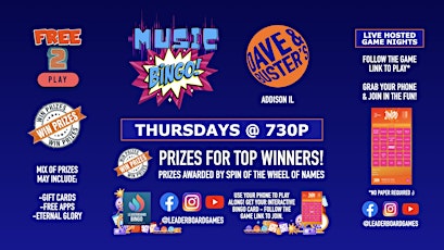 Music BINGO  | Dave & Buster's - Addison IL - THUR 730p @LeaderboardGames