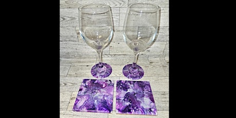 Fluid art/Paint pour and sip - Glass and coaster set - Bloom technique