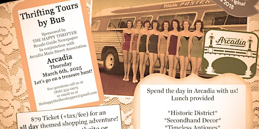 Primaire afbeelding van Thrifting Tours by Bus- Arcadia- March 6th 2025-Antiques-Treasure Hunt $79